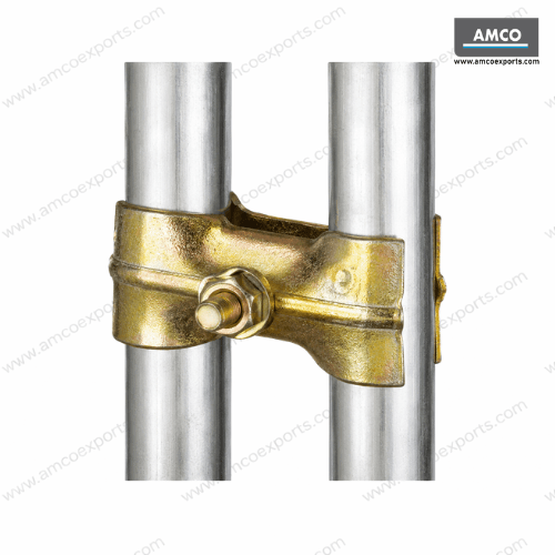 Pressed Fence Coupler securely connecting two scaffold tubes for temporary fencing and site barrier systems