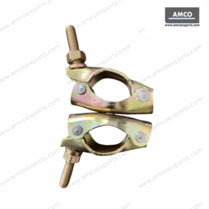 BS 1139 scaffolding swivel coupler with 360° rotation for 40 NB scaffold pipes, manufactured from golden sheet metal.
