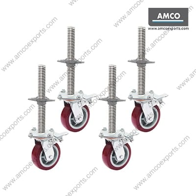 Scaffolding wheel jack with brake for mobile scaffolding systems and industrial platforms