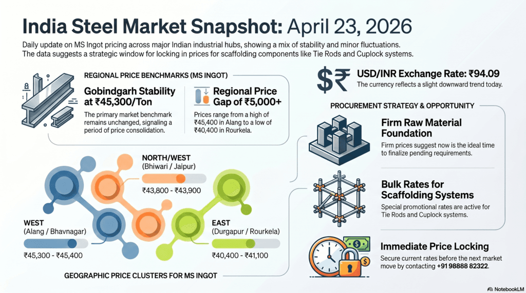 steel market update today 23 April 2026 MS ingot price India Gobindgarh steel rates