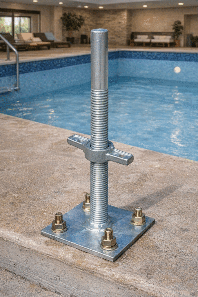 adjustable base jack used in pool maintenance scaffolding system