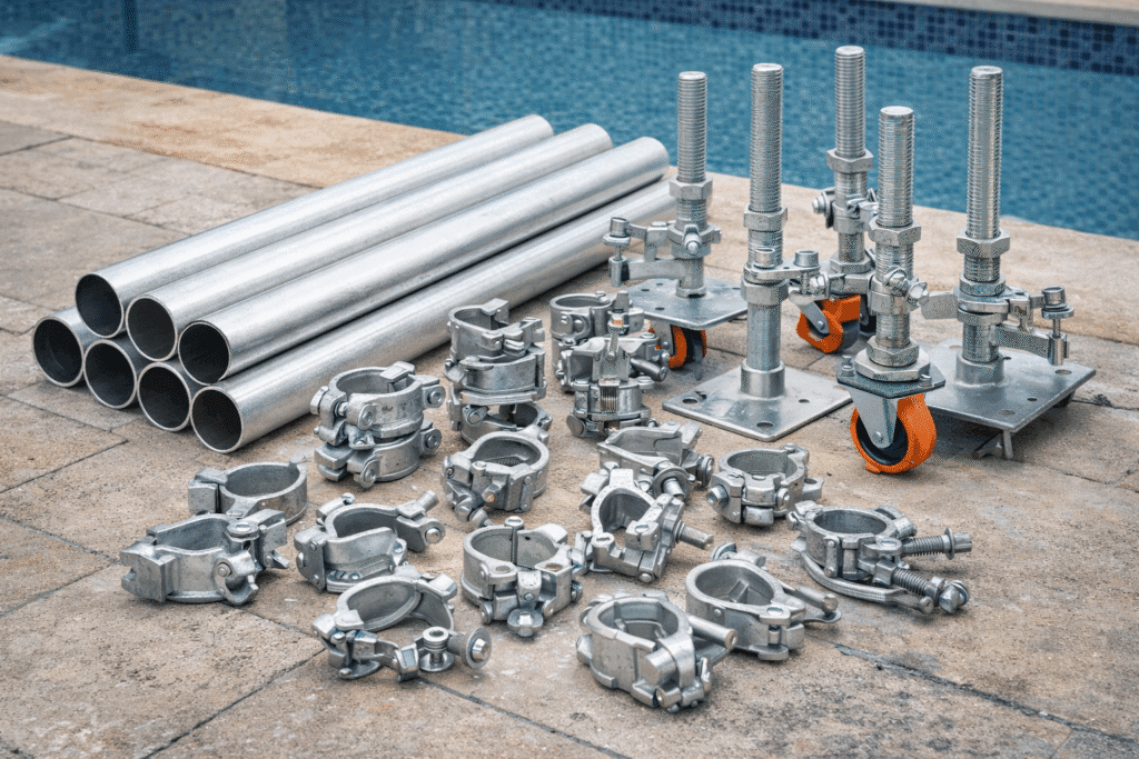 scaffolding accessories for pool work including couplers and pipes