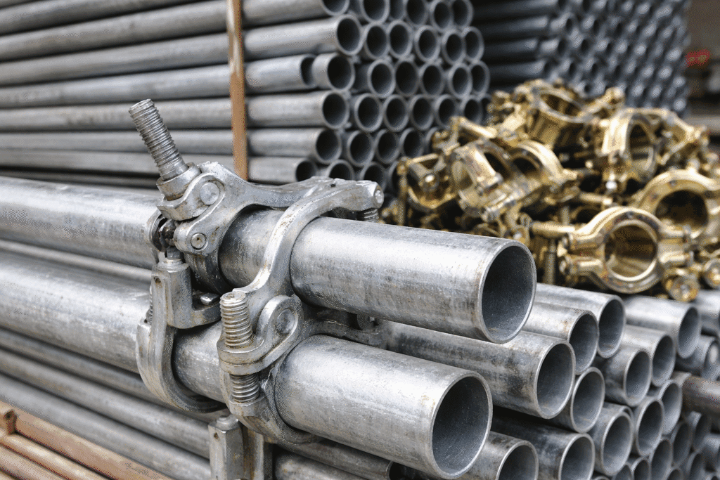 pipes and couplers used in scaffolding for stucco contractors