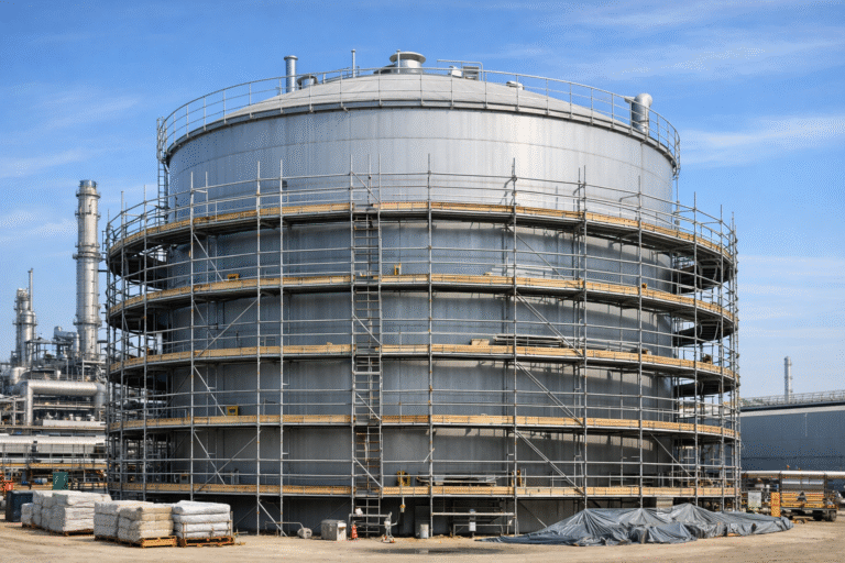 tank insulation scaffolding around industrial storage tank