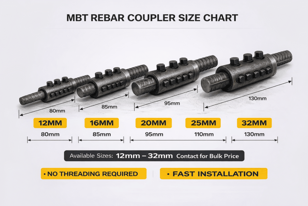 MBT rebar coupler size chart showing 12mm to 32mm specifications