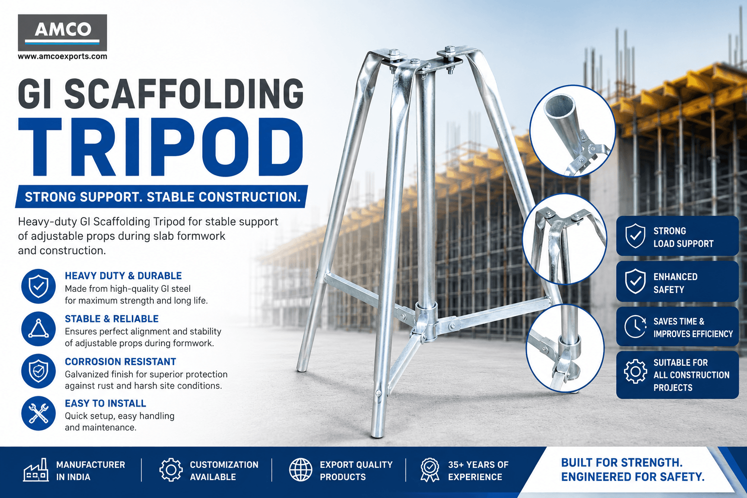 Heavy Duty GI Scaffolding Tripod for Adjustable Steel Props and Slab Formwork Support