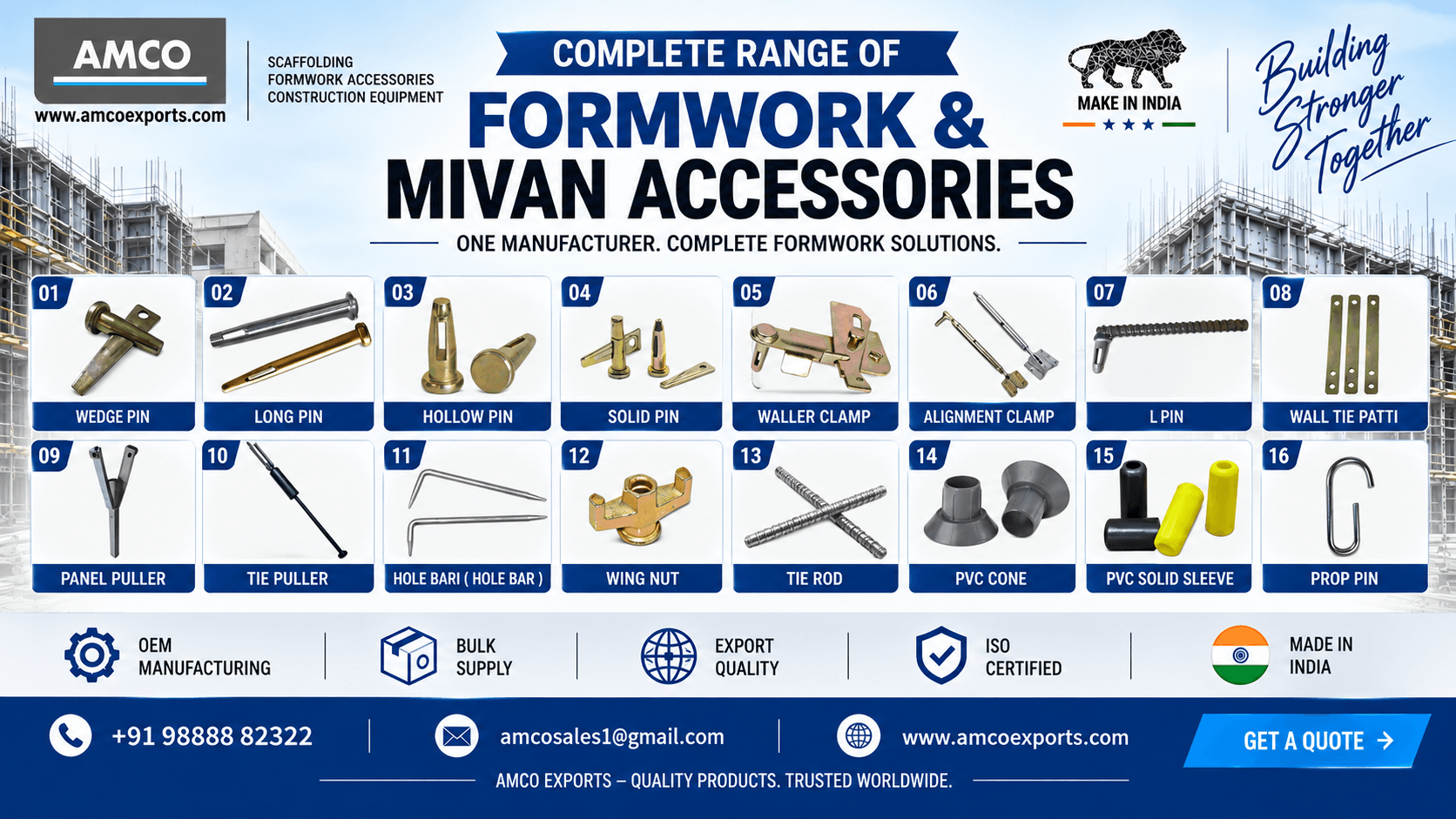 Mivan formwork accessories manufacturer and supplier in India