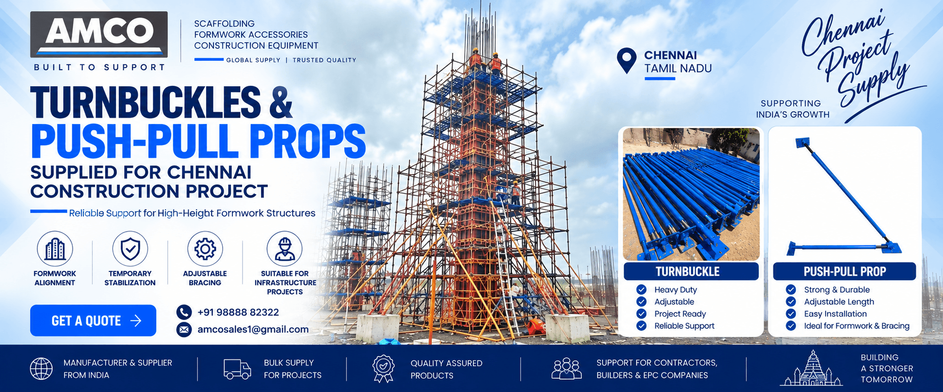 Turnbuckles and Push-Pull Props Chennai Construction Project Turnbuckles and push-pull props supplied by AMCO Exports for Chennai construction project