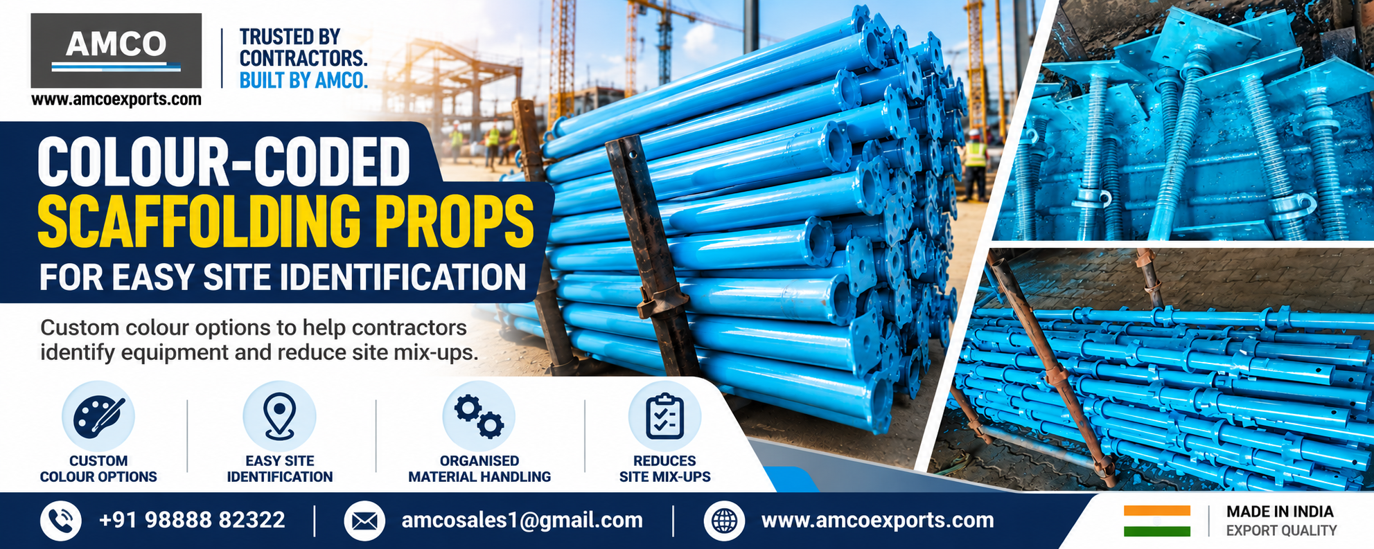 Colour-coded blue scaffolding props for easier equipment identification and organised material handling at construction sites