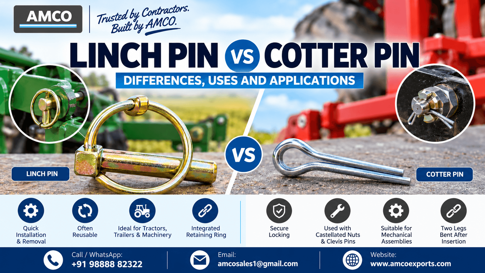 Linch pin comparison infographic by AMCO Exports showing retaining pin features and applications